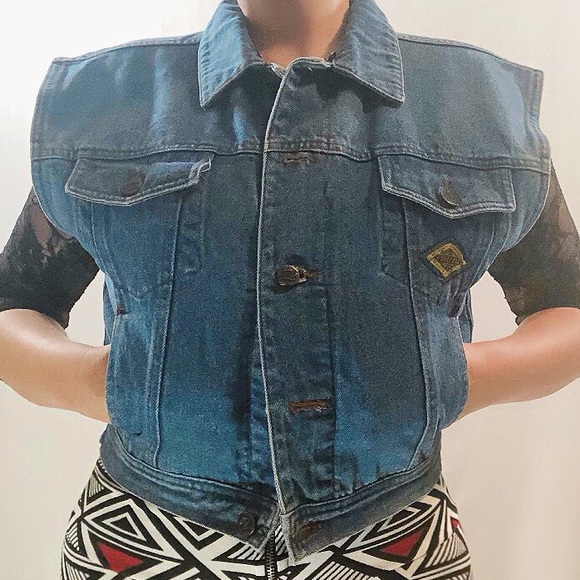Vintage wide shoulder collared denim jean vest - Picture 2 of 9